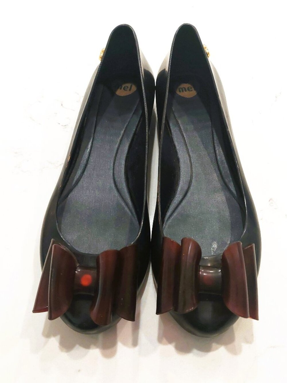 Mel Dreamed by Melissa Women sz 6 Jelly Black Ballet Flat Shoes with Brown Bows